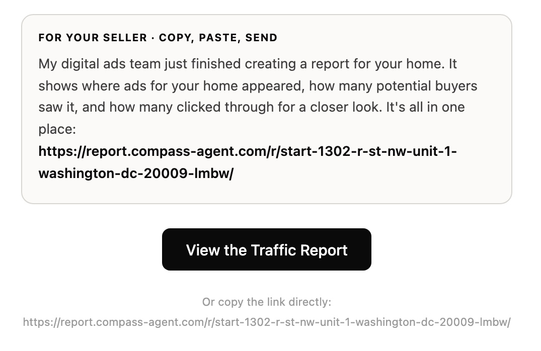 The copy-paste-send panel from her real report-ready email, written for her seller
