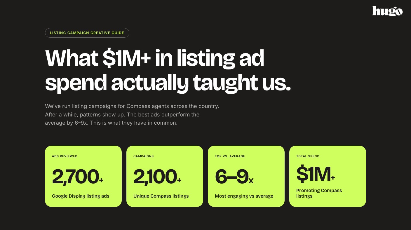 The listing ad cheat sheet page, headlined What $1M+ in listing ad spend actually taught us