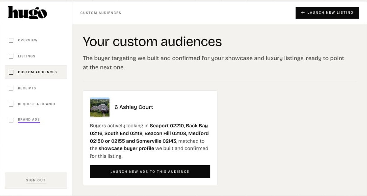 The real Hugo Hub custom audiences state for 6 Ashley Court, showing the confirmed locations and the button to launch new ads to this audience
