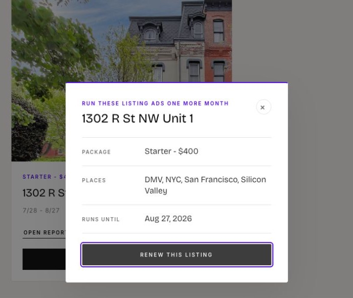 The real Hugo Hub renewal state, showing the listing and the renew this listing action in the renewal modal