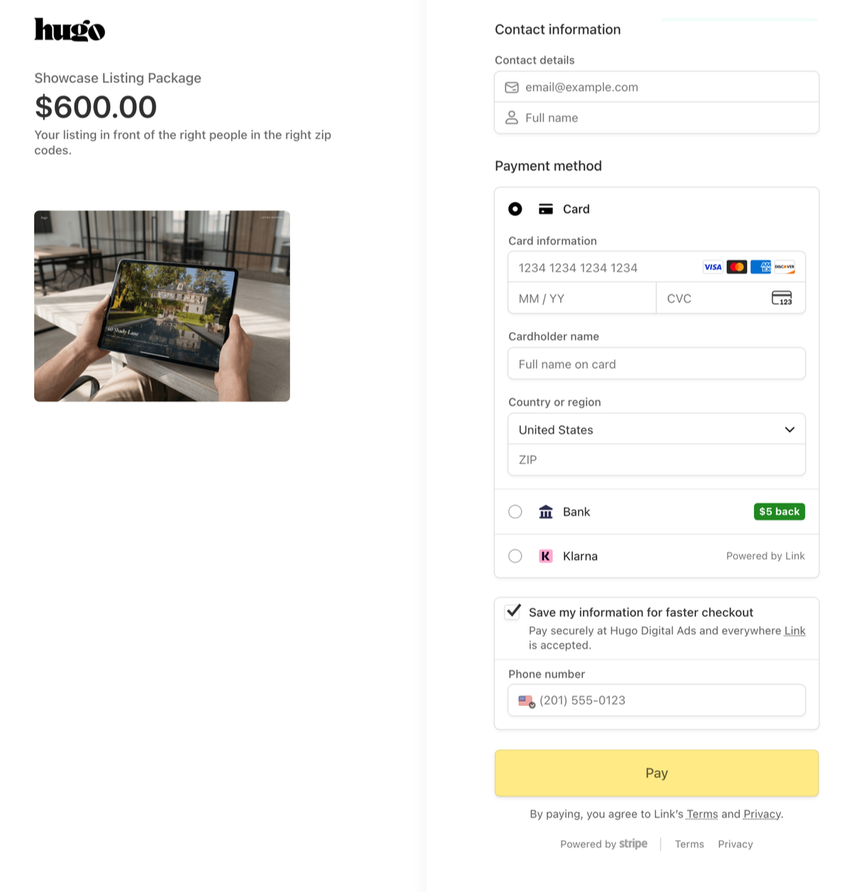 The real hugo Stripe checkout the bot hands an agent, with the package, the price, and the card field